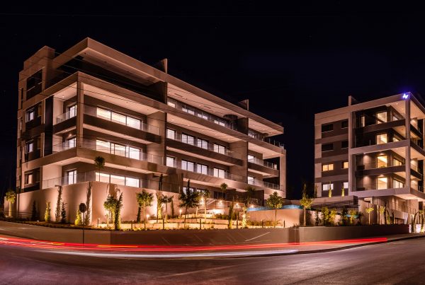 Barbican Heights, night shoot, Imperio logo, two blocks, Panthea