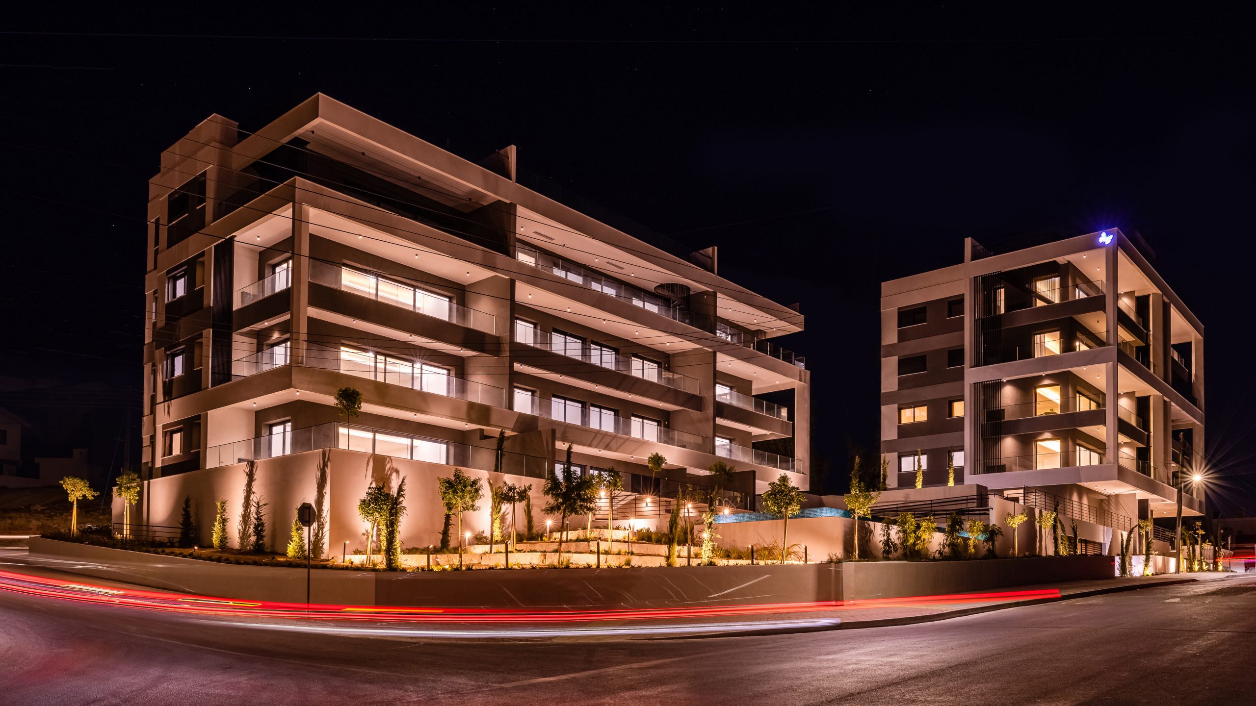 Barbican Heights, night shoot, Imperio logo, two blocks, Panthea