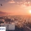 Icon during sunset, drone shot, panoramic sea view and limassol view